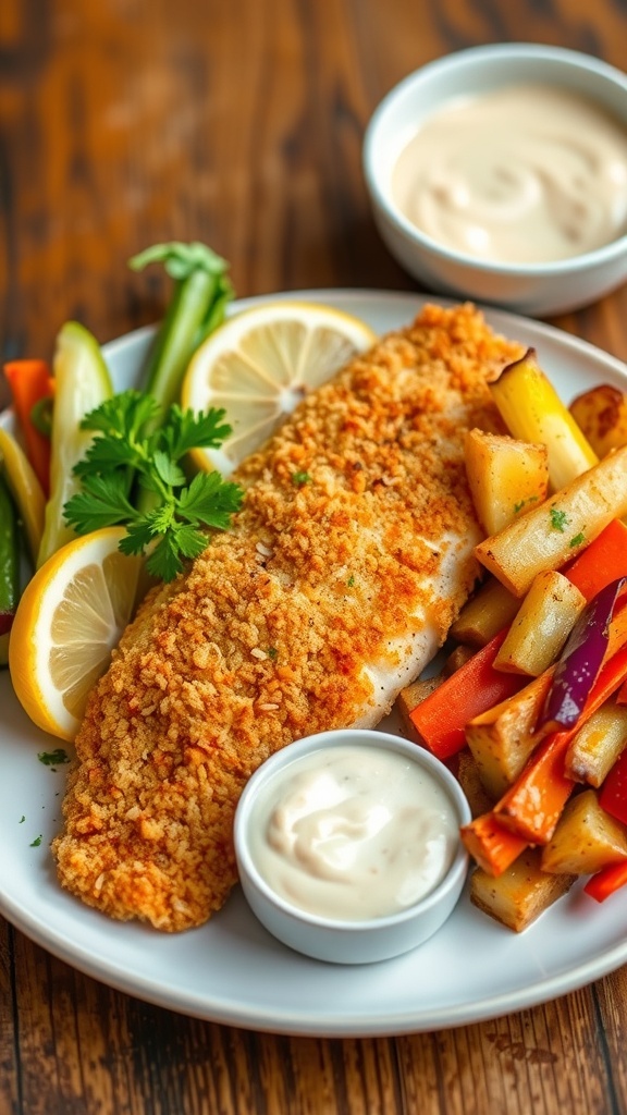 Crispy breaded tilapia fillet with lemon wedges and parsley on a rustic table.